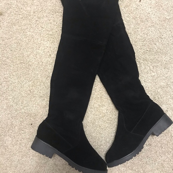CLEARANCE RESTOCK Vegan Suede Velvet Black Sexy Flat Over Knee Line Boots - Picture 8 of 11